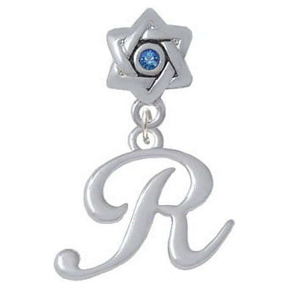 Small Gelato Script Initial - R - Star of David with Blue Crystal Charm Bead