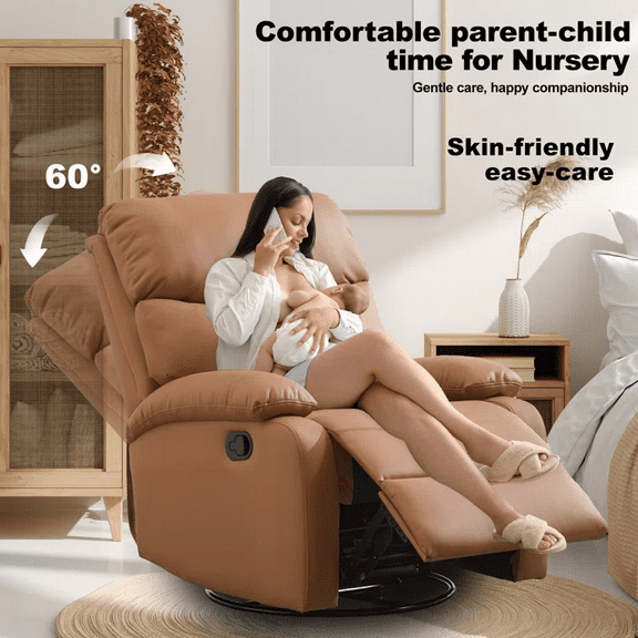 Small Genuine Leather Recliner Chair with Swivel & Rocking Motion, Space-Saving Modern Armchair for Apartments, RVs & Nurseries