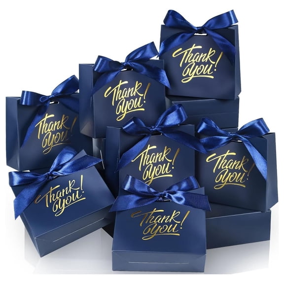Small Gift Bags, 25 Pack 4.5x1.8x3.9 Inches Thank You Bags Navy Blue Paper Gift Bag with Bow Ribbon, Small Candy Bags for Birthday Wedding Baby Shower