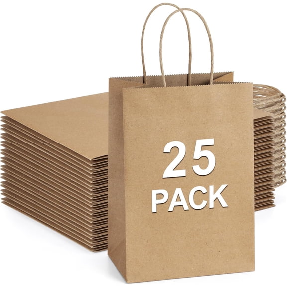 Small Gift Bags 25Pcs 5.25x3x8 Kraft Brown Paper Bags with Handles, for Small Gifts, Birthday, Wedding Party Favor, Retail Merchandise Paper Sacks