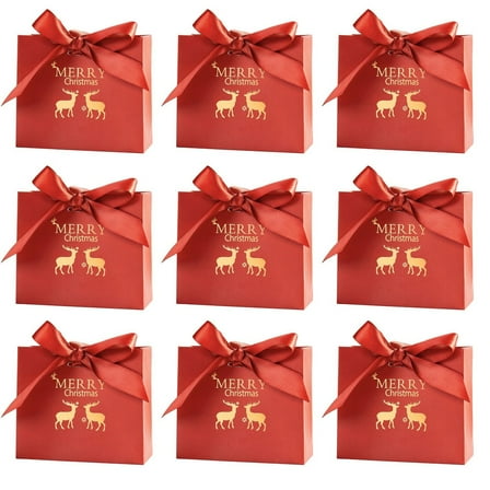 Small Gift Bags, Christmas Party Favor Bags Mini Thank You Bags Red Kraft Paper Gift Bag with Bow Ribbon, Small Candy Bags Gift Bag Bulk for Birthday Wedding Baby Shower
