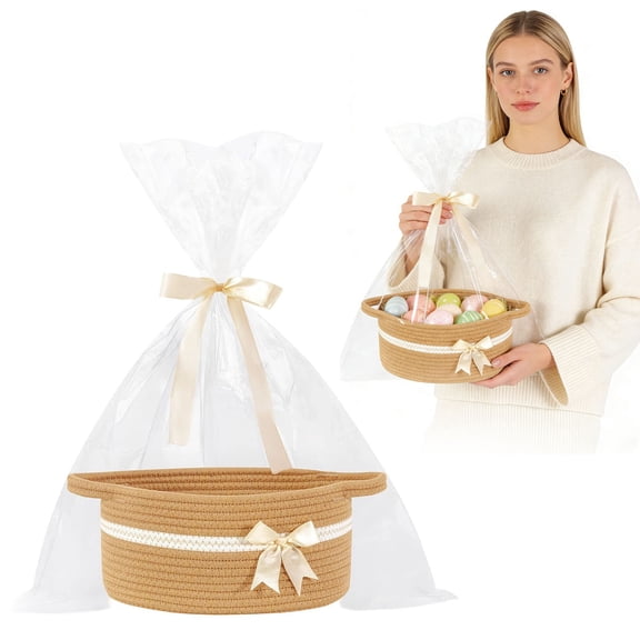 Small Gift Basket Empty to Fill - Boho Personalized Easter Gift Baskets with Cellophane Wrap and Ribbon For Birthdays, Graduation Gift Baskets Empty Khaki 12*8*5 In