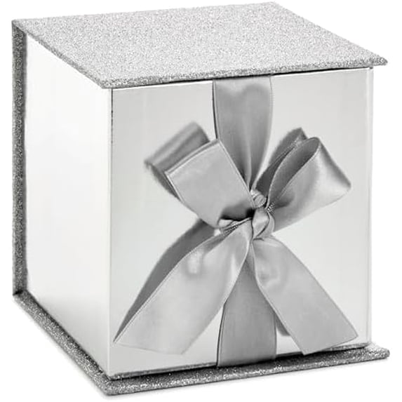 Small Gift Box with Bow and Shredded Paper Fill (Silver Signature 4 inch Gift Box with Glitter) for Weddings, Graduations, Bridal Showers, Anniversaries, All Occasion