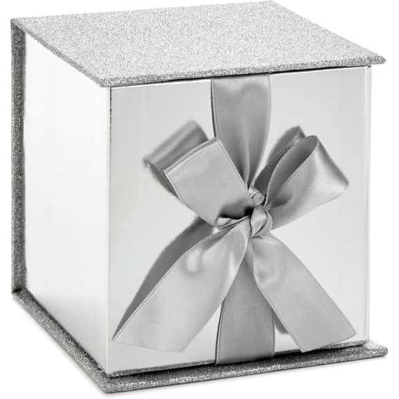 Small Gift Box with Bow and Shredded Paper Fill (Silver Signature 4 inch Glitter) for Weddings, Graduations, Bridal Showers, Anniversaries, All Occasion