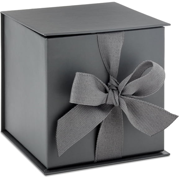 Small Gift Box with Bow and Shredded Paper Fill (Gray 4 inch Box) for Weddings, Graduations, Birthdays, Father's Day, Groomsmen Gifts, All Occasion