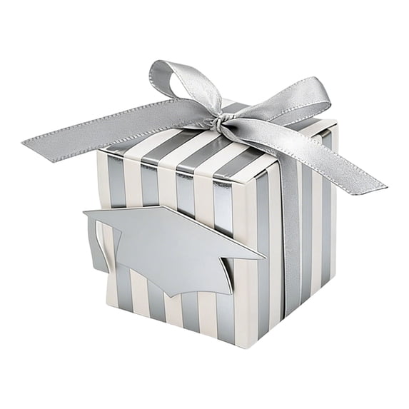 Small Gift Boxes, Creative Favor Boxes Paper Gift Boxes with Ribbon & Graduation Caps Decor for Presents, Crafting, Cupcake Boxes, Gifts, Candy Boxes for Commencement Party, 1Pc(Silver,2x2x2")