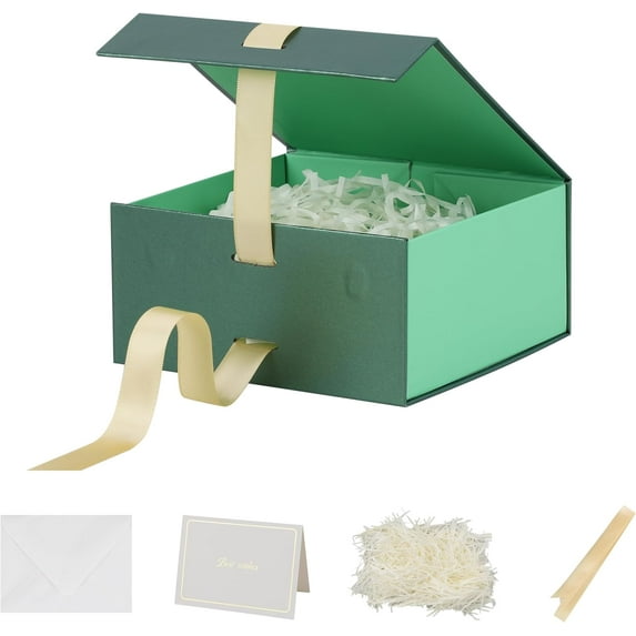 Small Gift Boxes with Lids 5 Pack 6X6X3 Inch Green Gift Box with Ribbon Christmas Gift Box Foldable Gift Boxes for Presents、Shredded Paper Filler & Cards