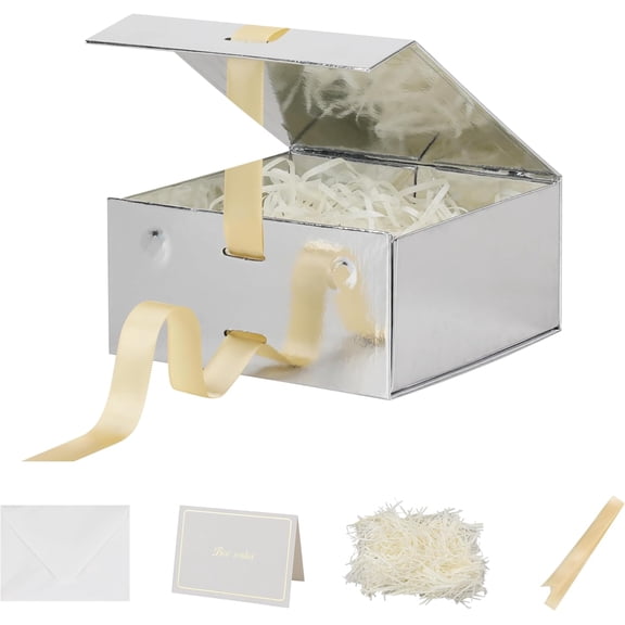 Small Gift Boxes with Lids 5 Pack 6X6X3 Inch Silver Gift Box with Ribbon Christmas Gift Box Foldable Gift Boxes for Presents、Graduation、Birthdays，Shredded Paper Filler & Cards