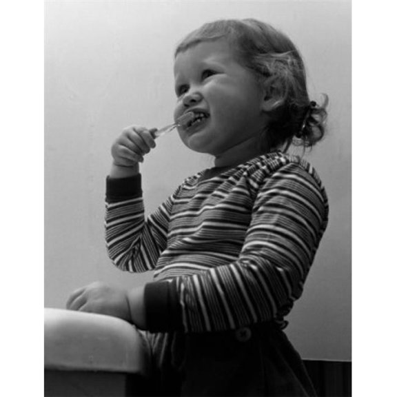 Small Girl Brushing Teethes Poster Print - 18 x 24 in.
