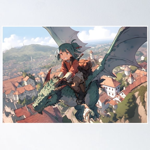 Small Girl Flying On Giant Mythical Chinese Dragon Landscape Wall Decor, Unframed Canvas
