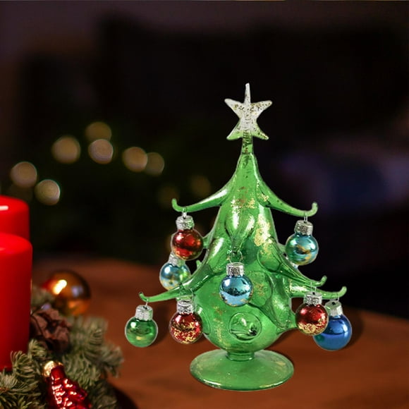Small Glass Christmas Tree with Hanging Pendant Decoration Xmas Tree Glass Statue for Holiday Desktop Home Decor Souvenir Collectible Green
