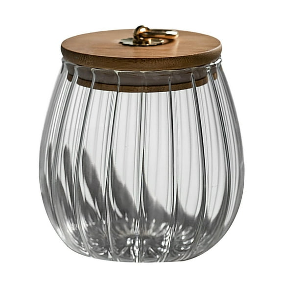 Small Glass Coffee Nuts Canister, Airtight Storage Jar with Bamboo Lid, Petal Decorative Container with Metal Ring, Easy to Grasp Seal Top for Kitchen Pantry, Clear Glass Food Storage for Candy