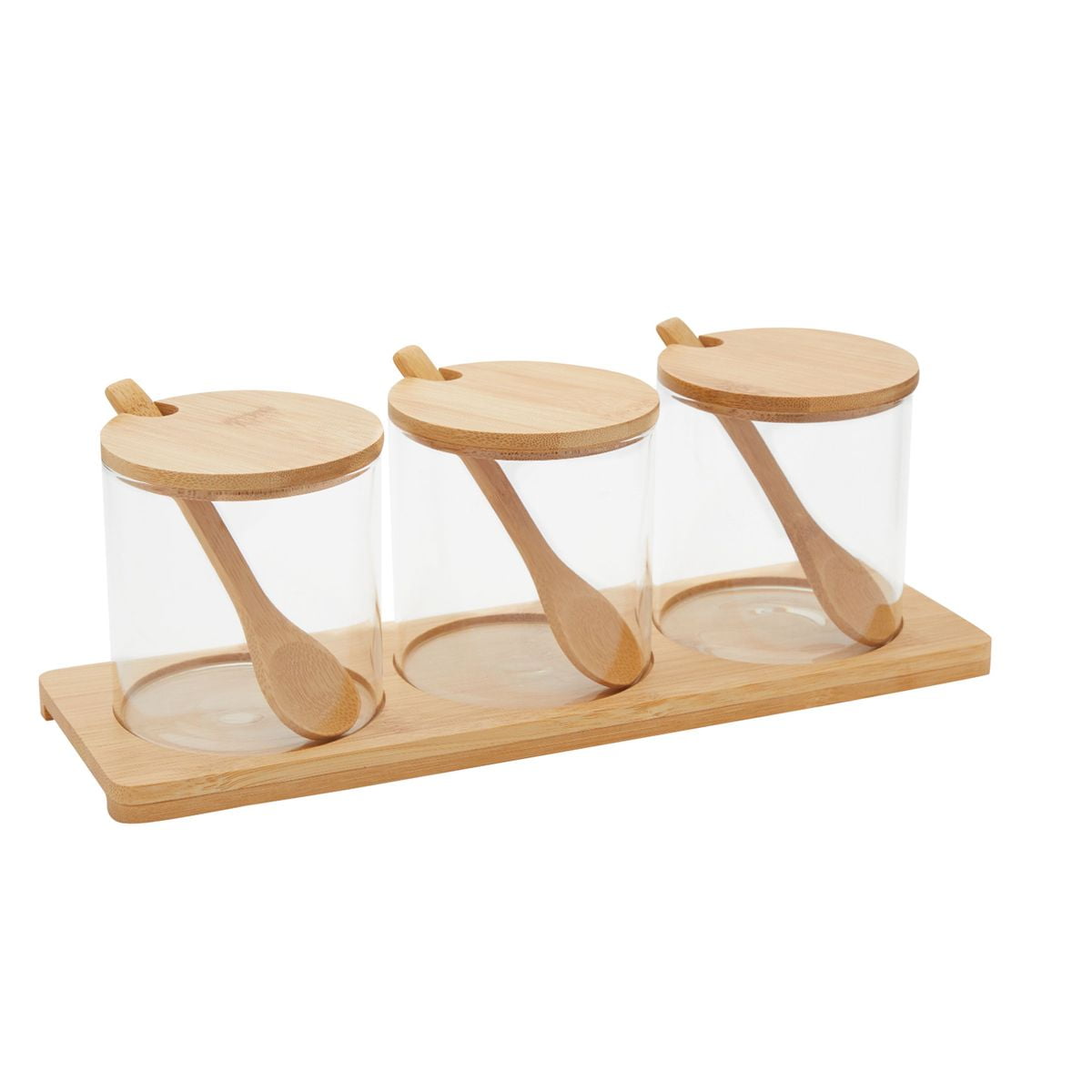 Small Glass Condiment Containers with Lids, Spoons, and Bamboo Wood