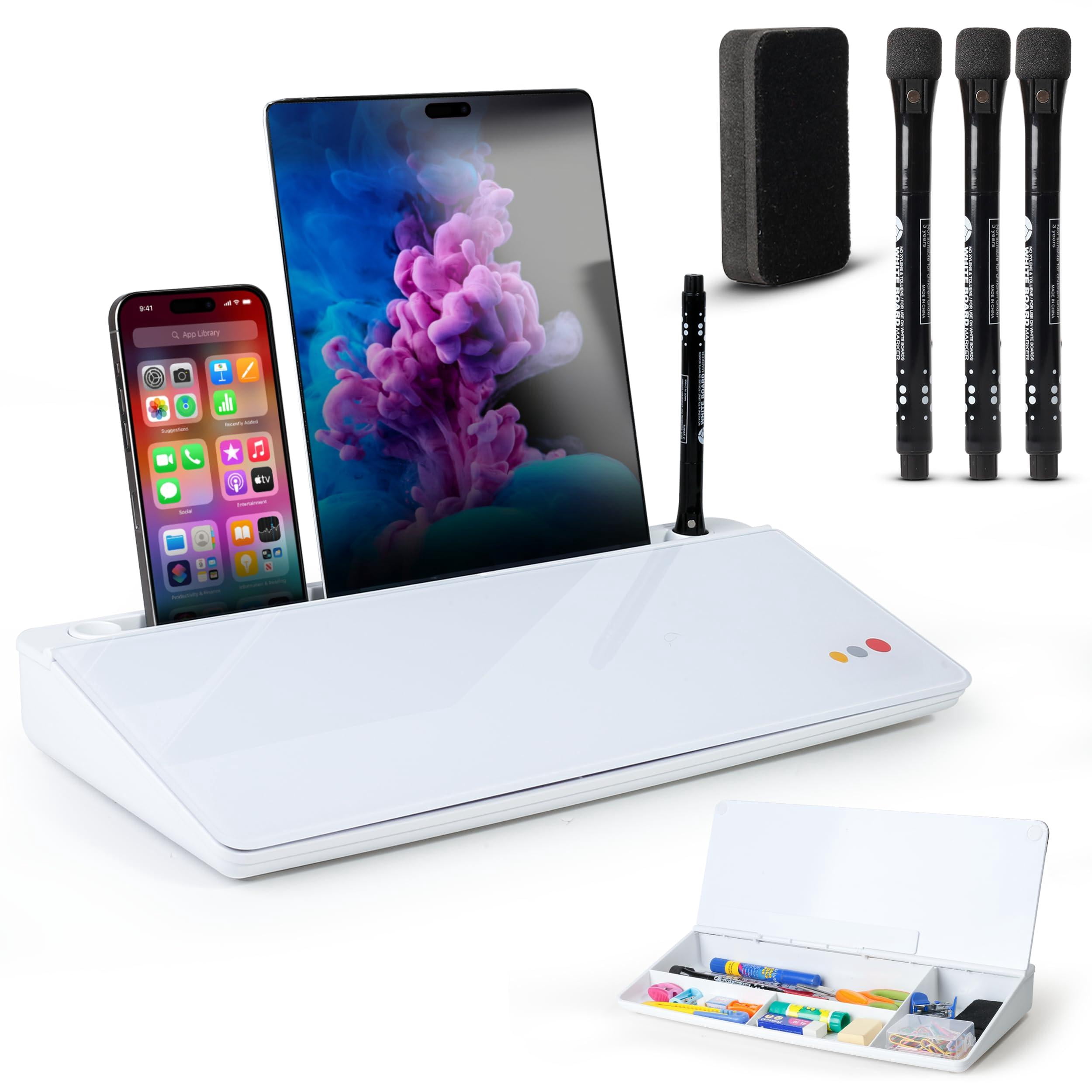 Small Glass Desktop Whiteboard With Storage 15.3"x7.08"x2.16" Inch Desk White Board Markers & Duster  Dry Erase Buddy Organizer For Home Office School (white)
