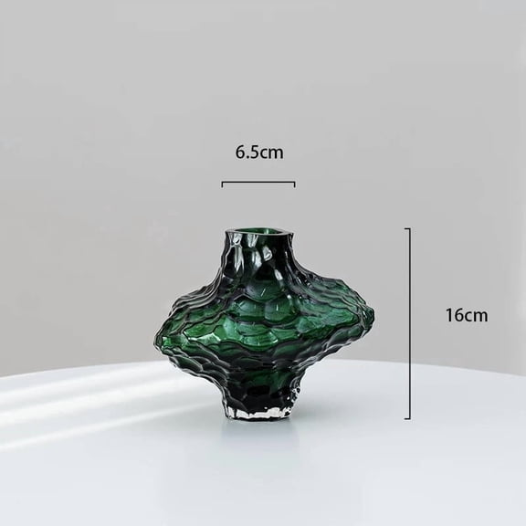 Small Glass Flower Vase for Office Desk and Bookshelf, 6.3" Minimalist Design Vase with Thickened Stable Base, Modern Wavy Glass Vase for Small Bouquets, Dining Table Decor, Green