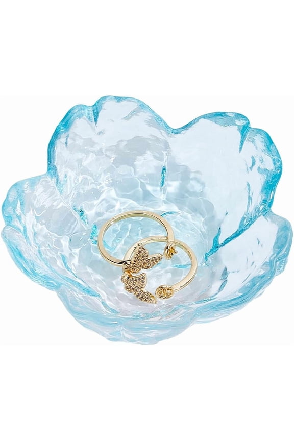 Small Glass Jewelry Dish Sakura Flower Glass Jewelry Ring Dishes Jewelry Tray for Women Transparent Desktop Jewelry Organize Bedside Cupboard Photography Props Blue 3.3x3.3x1.3 Inch