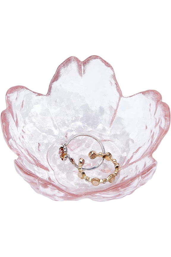 Small Glass Jewelry Tray Sakura Flower Glass Jewelry Dish Ring Dishes for Women Transparent Desktop Jewelry Organize Bedside Cupboard Photography Props Rings Pink 3.3x3.3x1.3 Inch