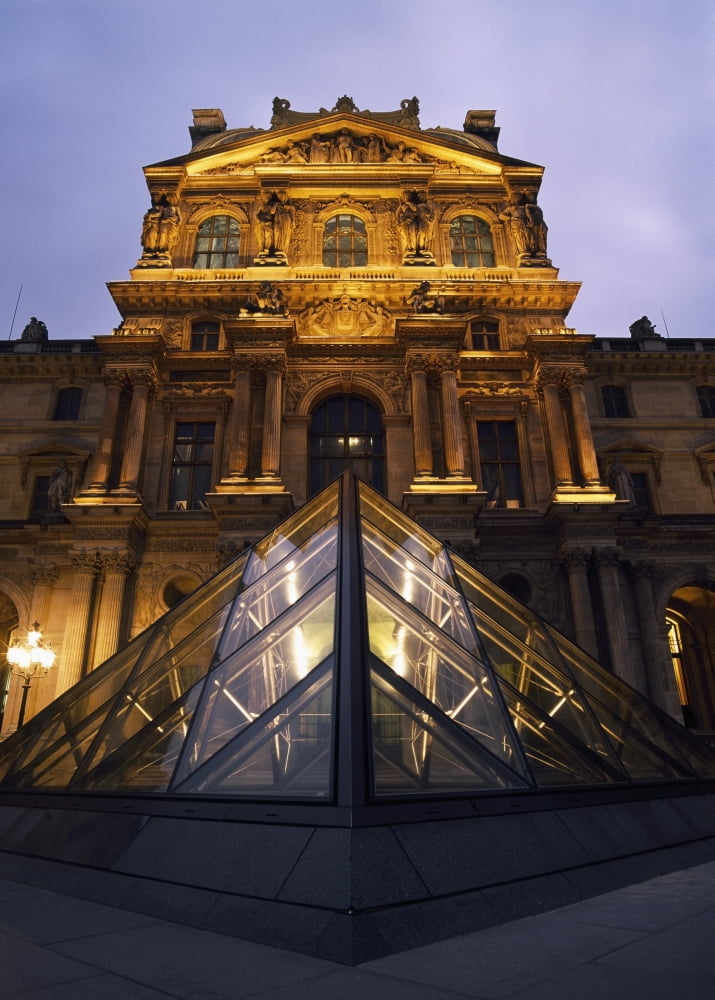 Small Glass Pyramid Outside The Louvre Museum At Dusk Canvas Art - Ian Cumming Design Pics (12 x 16)