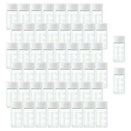 Small Glass Vials with Screw Caps Clear Liquid Sampling Sample with Scale and Write Patch White Screwcap Glass Bottles Vials for Chemistry Lab Chemicals 50PCS 5ml (0.17 Oz)