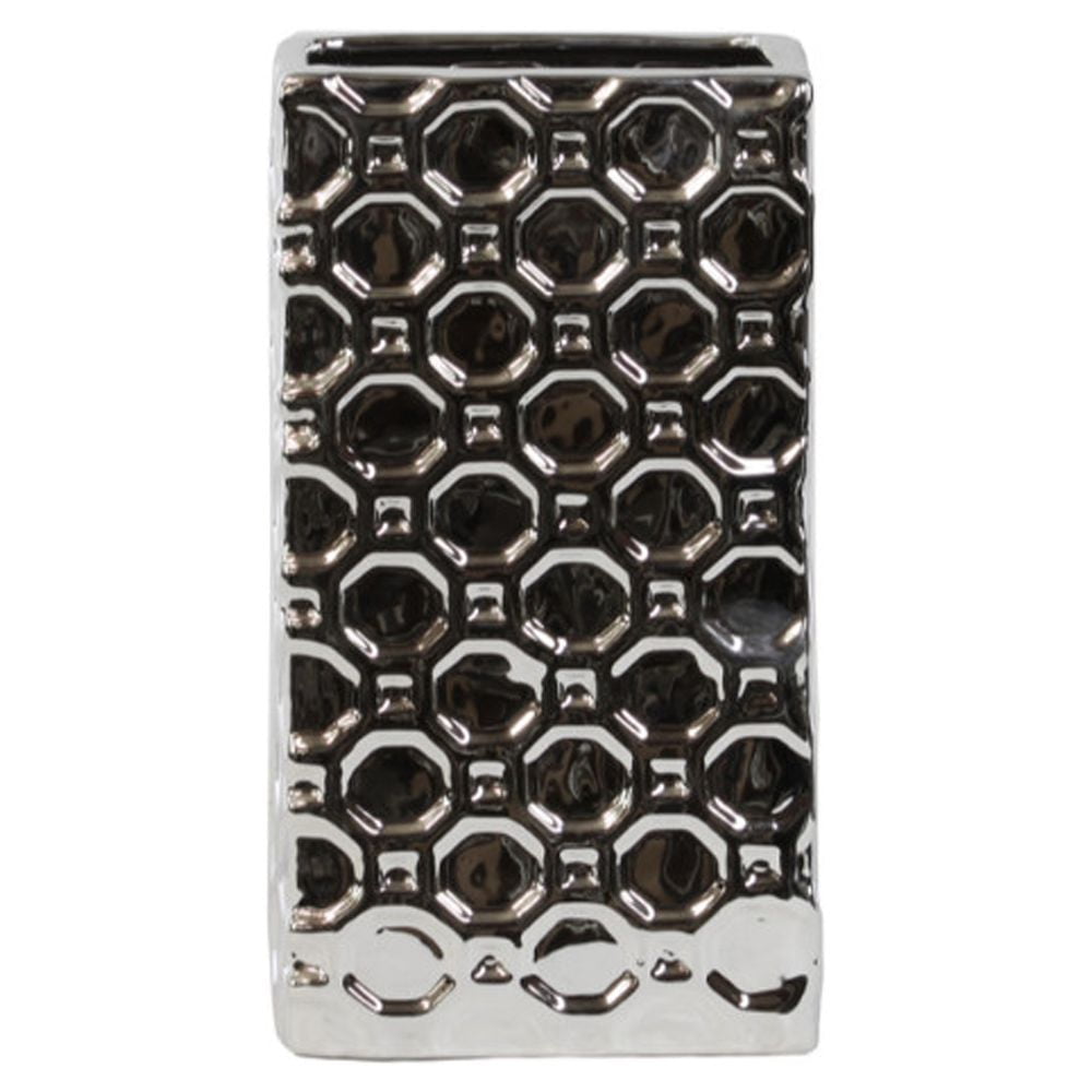 Small Glittering Narrow Rectangular Vase Octagonal Pattern Silver