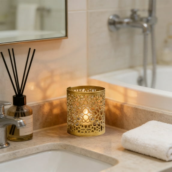 Small Gold Candle Holder, Mini Openwork Iron Candlestick, Decorative Candle Cup, Scented Candle Stand, Boho Home Decor Ornament, Desk Tabletop Decor, Gift for Home Warming