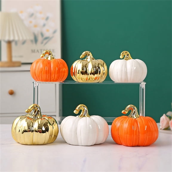 Small Gold Ceramic Pumpkin Decor, Shiny Metallic Halloween & Thanksgiving Centerpiece, 4 Inch Glossy Fall Home Ornament for Kitchen Table Shelf Living Room DIY Craft Gift