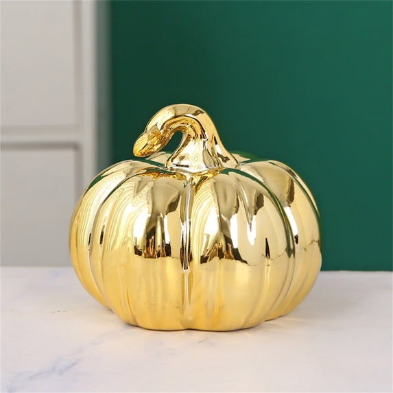 Small Gold Ceramic Pumpkin Decoration, Glossy Fall Home Decor for Halloween Thanksgiving, 4 Inch Luxury Table Centerpiece Ornament for Kitchen Shelf Mantel Display Gift