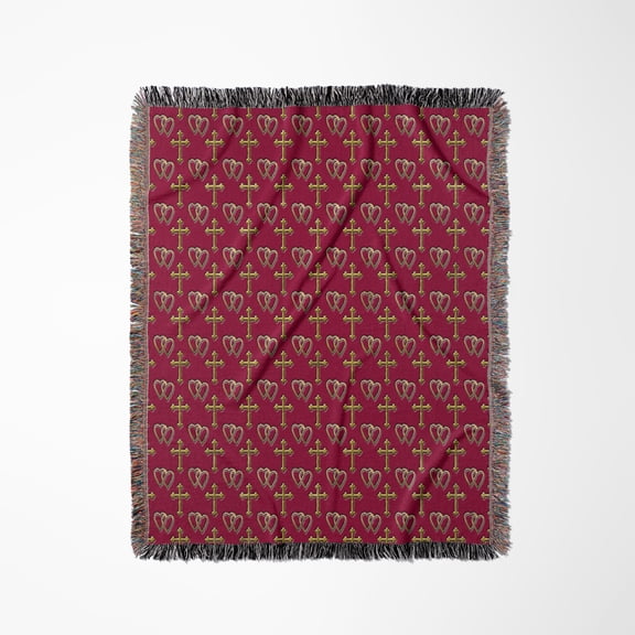 Small Gold Entwined Hearts And Cross On A Maroon Or Burgundy Background., Woven Blanket
