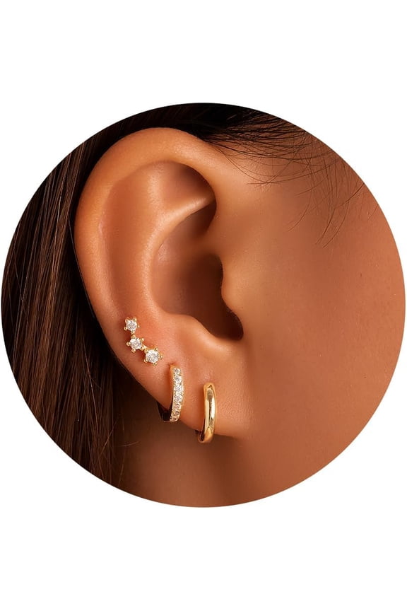 Small Gold Hoop Earrings Set, 14K Gold Plated Huggie Earrings Set For Multiple Piercings,Dainty Gold Stud Earrings Stack Dangle Earrings For Women[Z4371]