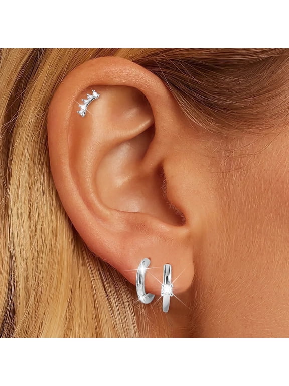 3 Pairs Small Hoop Earrings for Women, 925 Sterling Silver Post CZ Huggie Cartilage Earrings Set for Multiple Piercings, Birthday Wedding Gifts