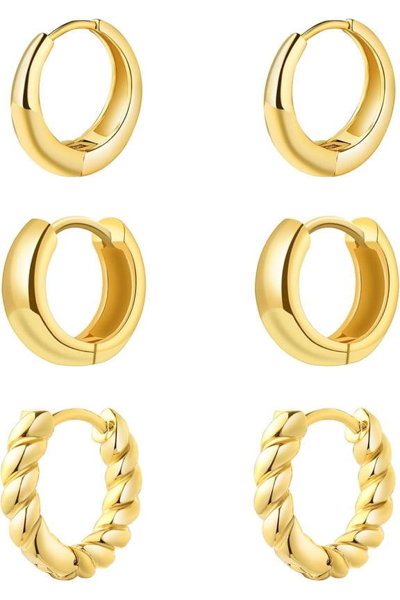 Small Gold Hoop Huggie Earrings Set For Women Non Tarnish 14K Gold Plated Lightweight Cartilage Earring Pack For Multiple Piercings For Sensitive Ears[Z5455]