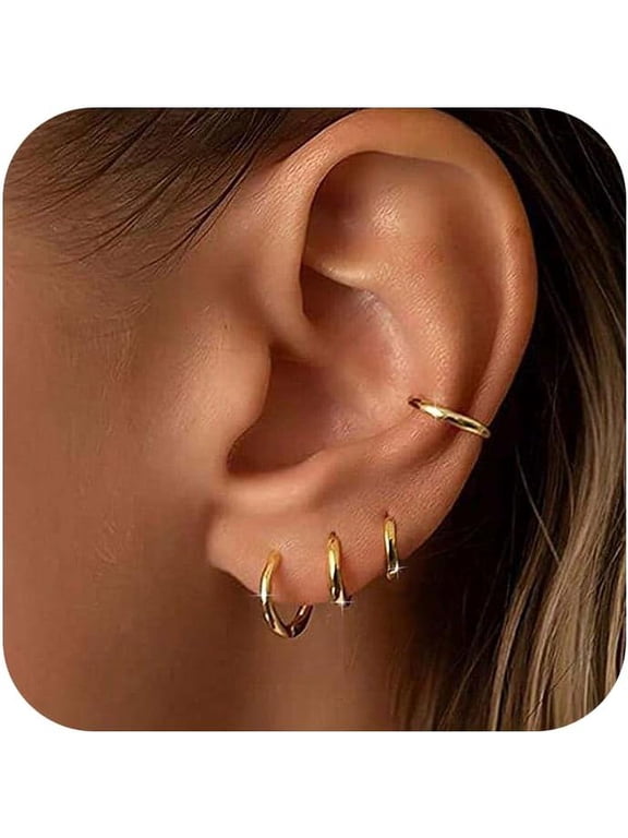 Small Gold Huggie Hoop Earrings Set For Women, Hypoallergenic 14K Real Gold Plated Stack Cartilage Earring, Earrings Sets For Multiple Piercing Lightweight Mini Thin Cute Dainty Trendy Clip [Z37]