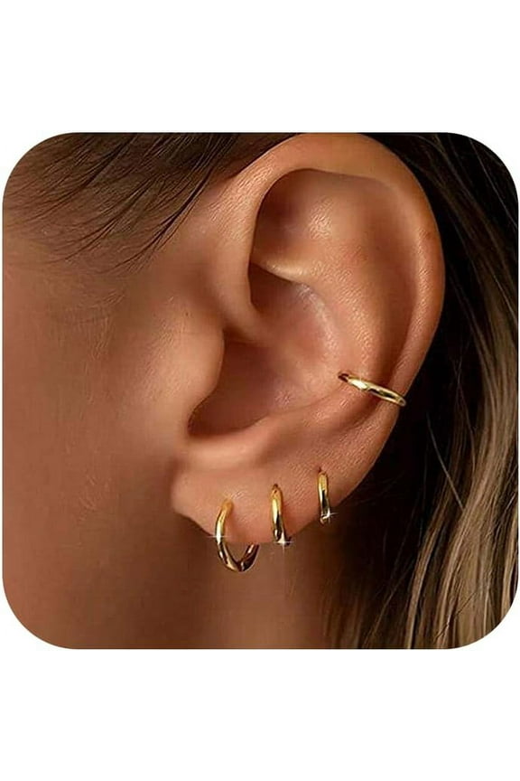 Small Gold Huggie Hoop Earrings Set For Women, Hypoallergenic 14K Real Gold Plated Stack Cartilage Earring, Earrings Sets For Multiple Piercing Lightweight Mini Thin Cute Dainty Trendy Clip [Z37]