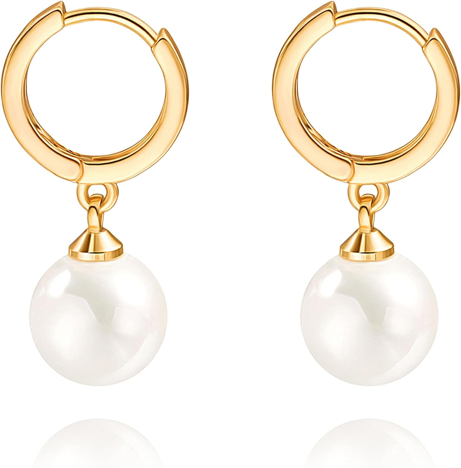 L-ANMTU Small Gold Huggie Hoop Earrings Shell Pearl Drop Dangle Post Earrings Hanging Lightweight Handmade Jewelry for women