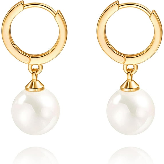 Small Gold Huggie Hoop Earrings Shell Pearl Drop Dangle Post Earrings Hanging Lightweight Handmade Jewelry for women