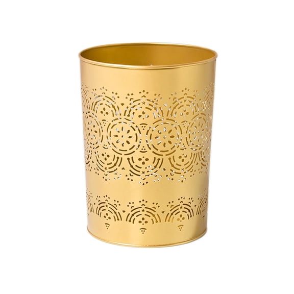 Small Gold Metal Trash Can Wastebasket, Decorative Hollow-Out Garbage Can Waste Paper Bin, Modern Farmhouse Round Trash Bin for Bathroom, Bedroom, Kitchen and Office (Lace)