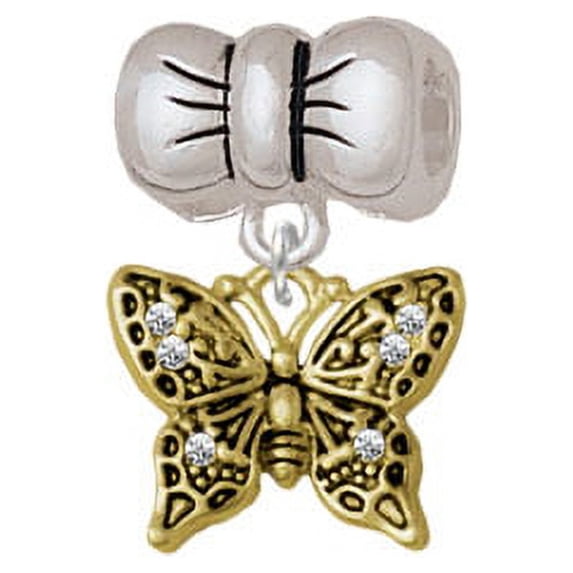 Small Gold Tone Antiqued Crystal Butterfly - Bow Charm Bead