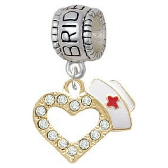 Small Gold Tone Crystal Heart with Nurse Hat - Bridesmaid Charm Bead