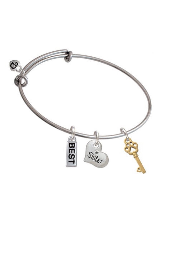 Small Gold Tone Open Paw Key Sister Heart Expandable Bangle Bracelet
