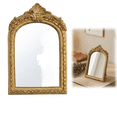 thumbnail image 1 of Small Gold Vintage Vanity Desk Makeup Mirror 7 x 4.7 in Antique Decorative Wall Mirror,Resin Carved Arch Table with Stand for Living Room,Bedroom Dresser,Desktop Decor, 1 of 6