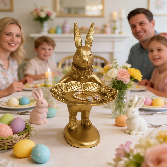 Small Golden Bunny Figurine Jewelry Ring Tray Decorative Serving Rabbit Statue Ornament Animal Sculpture Home Arts Desktop Accessories Table Decor, Standing Bunny (Gold)