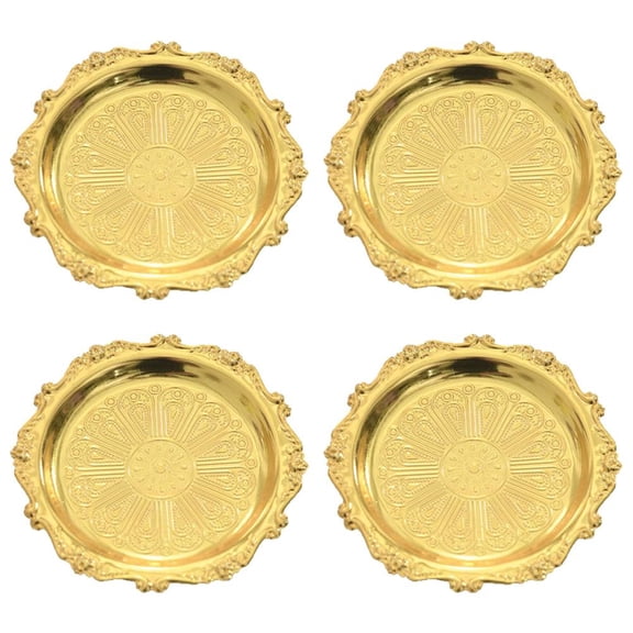 Small Golden Tray Decorative Serving Tray Metal Trinket Dish, 4in Vintage Perfume Organizer Plate  4pcs Mini Antique Jewelry Dish for Wedding Party Table Decor, Candy Nuts Dessert Serving