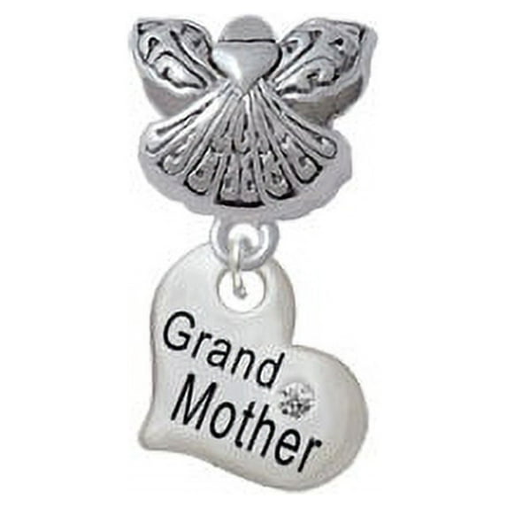 Small ''Grandmother'' Heart with Clear Crystal - Guardian Angel Charm Bead