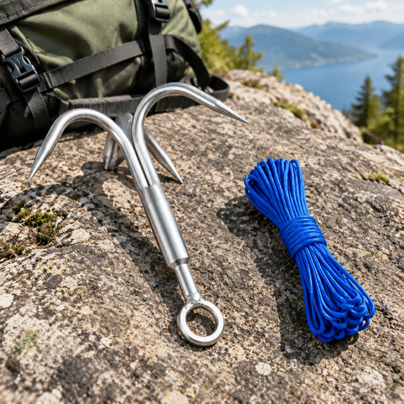 Small Grappling Hook Stainless Steel 3-Claw Fishing Gaff with 50 ft Nylon Rope
