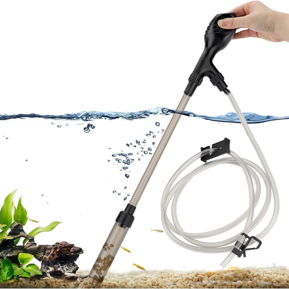 Small Gravel Vacuum for Aquarium, Manual 80GPH Aquarium Gravel Cleaner Low Water Level Water Changer Fish Tank Cleaner with Pinch or  Run in Seconds Suction Ball Adjustable Length
