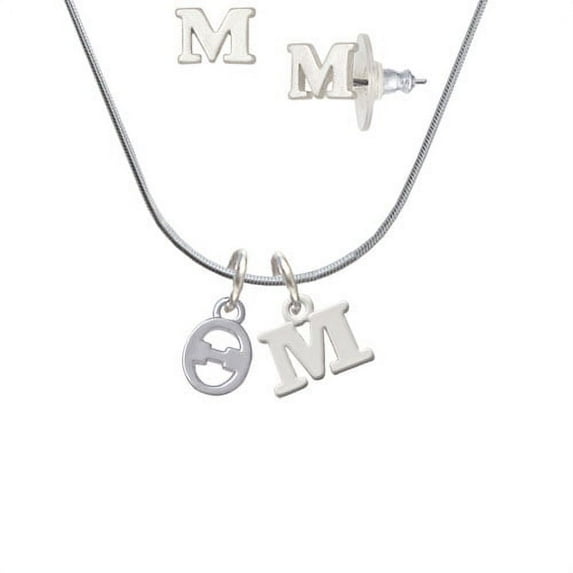 Small Greek Letter - Theta - - M Initial Charm Necklace and Stud Earrings Jewelry Set