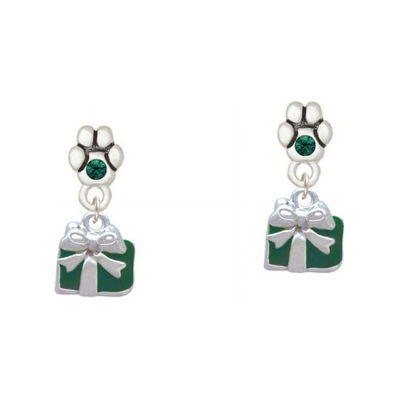 Small Green Enamel Present - Green Crystal Paw Earrings