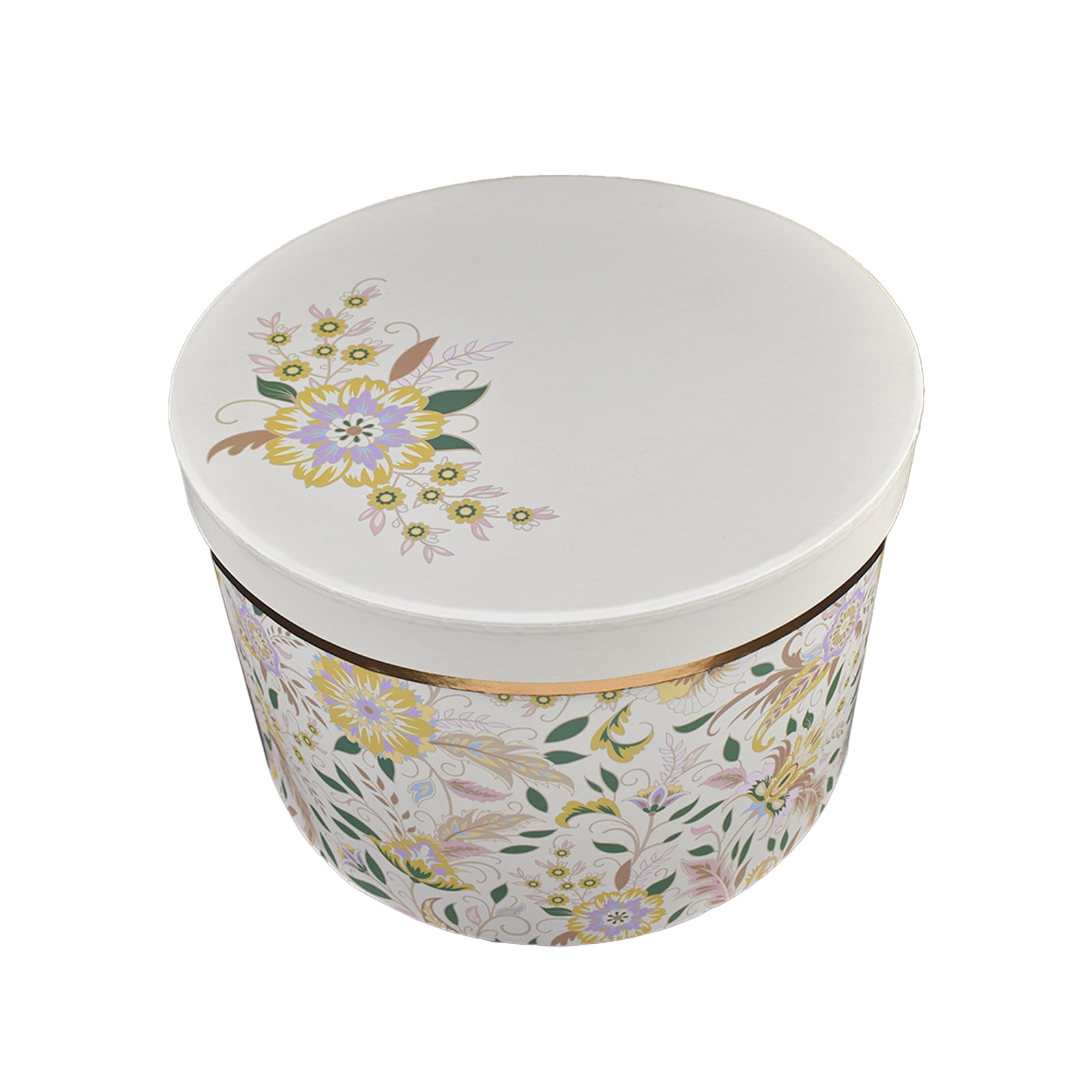 Floral White and Green Decorative Hat Box with Gold Accents