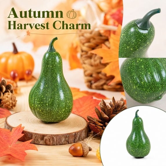 Small Green Gourd Decoration with Curved Hobby and Speckled Finish, 1 Piece, Green with Yellow Accents, for Fall Table Centerpiece, Halloween Decor