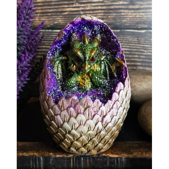 Small Green Sulking Baby Dragon In Colorful LED Light Faux Crystal Geode Egg